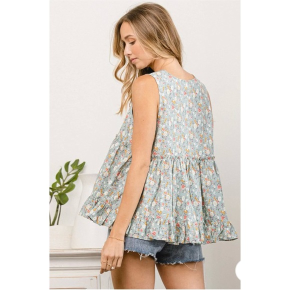 LAST 2️⃣ SAGE SLEEVELESS V-NECK FLORAL BABYDOLL TANK TOP - Picture 2 of 3